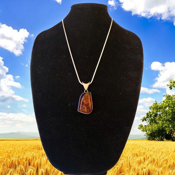 Sterling Silver Italy Vintage Snake Chain Necklace Amber Large Pendant - Picture 3 of 10